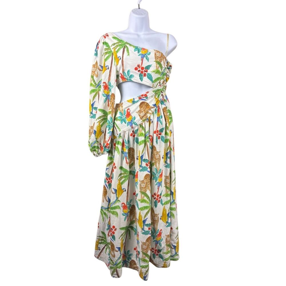 Farm Rio One-Shoulder Cutout Linen Midi Dress Tropical Parrot Leopard Palm Print